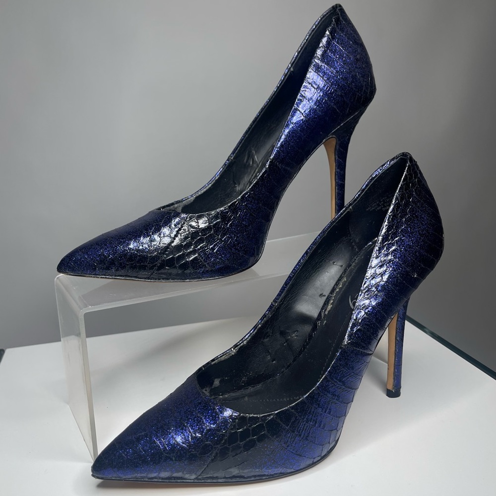 Unique Midnight Blue Black Metallic Genuine Leather Animal Print High Heel Pumps
